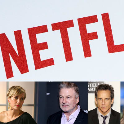Bildcollage av Netflix logo och flera stora skådespelare.