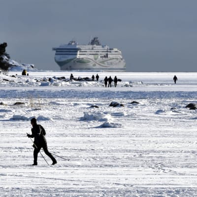 En skidare i soligt vinterväder på isen utanför Helsingfors.