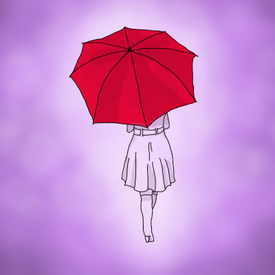 En digital illustration på en gående kvinna med lång rock, hon bär ett rött paraply. 