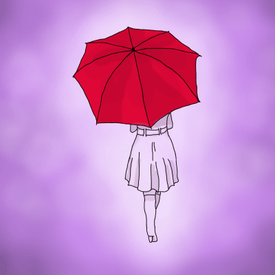 En digital illustration på en gående kvinna med lång rock, hon bär ett rött paraply. 