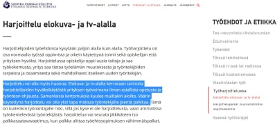 Kuvakaappaus Suomen journalistiliiton harjoittelu elokuva- ja tv-alalla -ohjeistuksesta. 