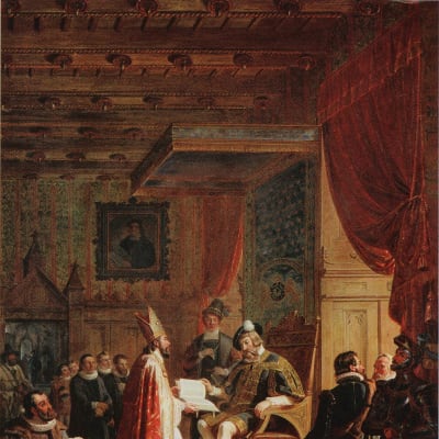 Mikael Agricola överlämnar Nya Testamentet till Gustav Vasa.