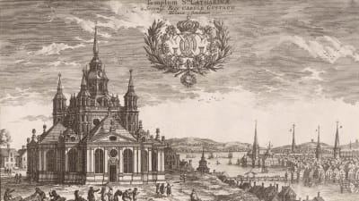 Gammal gravyr av Katarina kyrka på Södermalm i Stockholm på 1600-talet