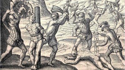 Vanhassa kuvassa sotilaat kiduttavat raa'asti intiaaneja muun muassa ruoskimalla pylvääseen sidottua miestä.