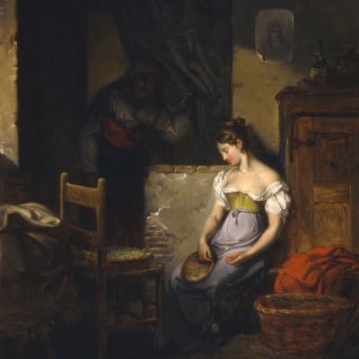 Romantiikan ajan maalaus seinään nojaavasta, istuvasta naisesta, jolla kori kädessään. 