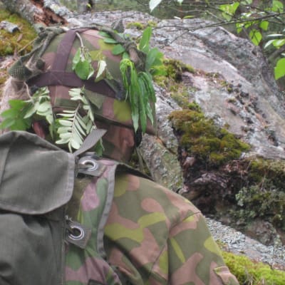 Militär i terrängen, axel i terrängkläder syns mot stenar och mossa.