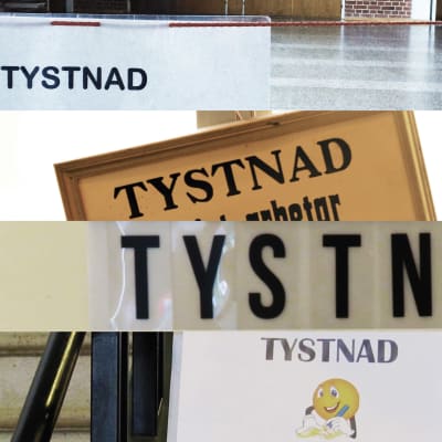 Bildcollage med fyra skyltar där det står "TYSTNAD".