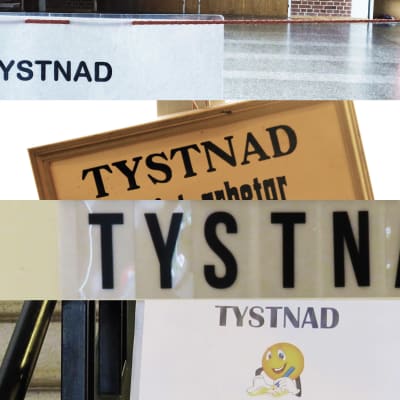 Bildcollage med fyra skyltar där det står "TYSTNAD".