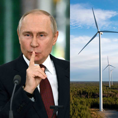 Vladimir Putin, ett vindkraftverk och ett lokaltåg i Berlin