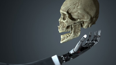 Konstnärens vision av en robothand som håller en mänsklig skalle.