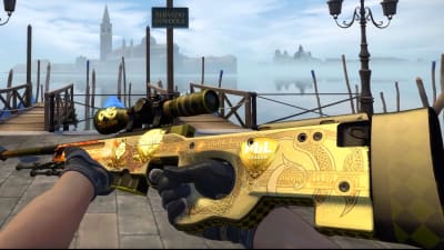 Ett animerat snipervapen i guld från datorspelet Counter-Strike.