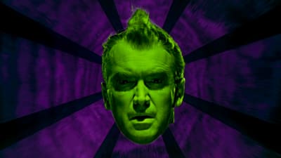 Vihreät miehen kasvot (James Stewart) vasten violettia, abstraktia taustaa. Kuva elokuvasta Vertigo