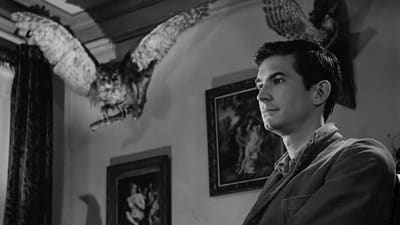 Kuvan oikeassa laidassa Norman Bates (Anthony Perkins) istuu ja katselee jonnekin kuvaajan taakse ja sivulle. Taustalla seinällä tauluja sekä suuri täytetty pöllö siivet levällään.