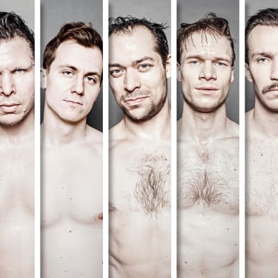 Turun kaupunginteatterin Seitsemän veljestä -näytelmän pääosanäyttelijät samassa kuvassa.