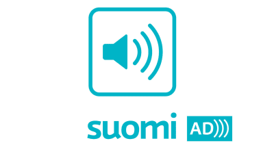 A turquoise symbol of an audio speaker with sound waves going to the right. Underneath the text Suomi and on a turquoise background the text AD and three waves.