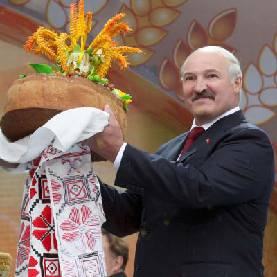 President Alexandr Lukasjenko tar emot bröd och salt på en skördefestival.