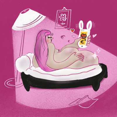  En tecknad filmillustration av en kvinna som ligger naken på en soffa och skickar meddelanden med sina anhängare i OnlyFans-appen.