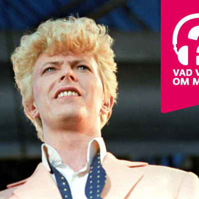David Bowie ler och håller i en mikrofon som är i en mikrofonställning.