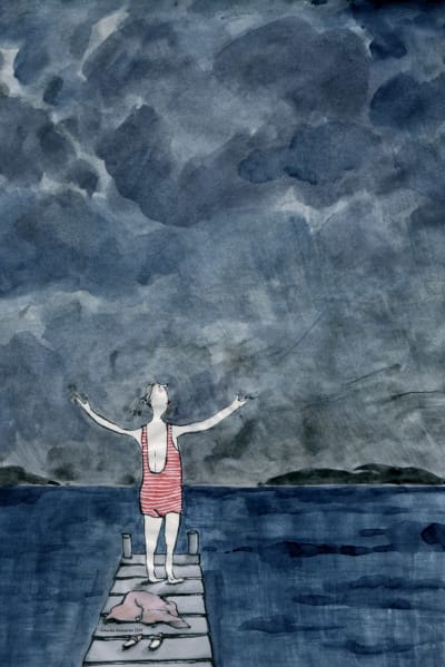 Annika Mannströms illustration för tidskriften Rinnakkain, föreställer en person på en brygga ut i ett mörkt hav.