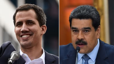Ordföranden för Venezuelas nationalförsamling Juan Guaidó till vänster och landets sittande president Nicolás Maduro till höger. 