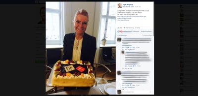 Danmarks utlännings- och integrationsminister Inger Støjberg firar asylskärpningar med tårta.