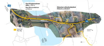 En illustrerande satellitbild av Rävsundsbron, där det med gult är ritat in var den nya Rävsundsbron med anslutningar ska byggas.
