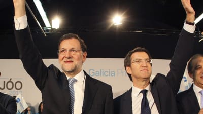 Spaniens premiärminister Mariano Rajoy och Galiciens president Alberto Nunez Feijoo under valkampanjen i Galicien.