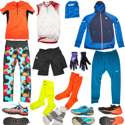 Sportkläder för löpare: skjortor, skor, jackor, handskar och sockor.