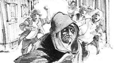 Teckning av en kvinna som jagas av barn under häxförföljelserna i Stockholm 1675-1676. Nils Stödberg tecknat för Lars Widdings dokumentärberättelse När häxbålen brann.