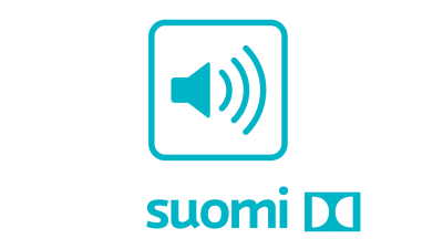 A turquoise symbol with an audio speaker with sound waves going to the right, underneath the text Suomi and the dolby surround symbol.