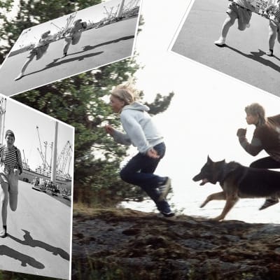 Kuva koostuu kolmesta kuvasta. Alimmaisessa kuvassa juoksee kaksi poikaa ja Susikoira Roi. Kolme päällimmäistä kuvaa ovat samanlaisia. Niissä Pertsa ja Kilu juoksevat poispäin satamasta.