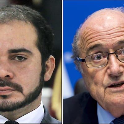 Jordaniens prins Ali bin Al Hussein (till vänster) förutspås bli fotbollsförbundet Fifas nya ordförande. Till höger Fifas hårt kritiserade ordförande Sepp Blatter.