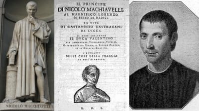Niccolò Machiavelli. Staty av Lorenzo Bartolini, Titelblad ur Furstenutgåva från 1550. Kopparstick