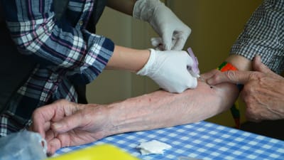 En hemvårdare tar blodprov av en äldre person. På bilden syns en bar arm och överkroppen av en person som håller på att ta blodprov med en nål.