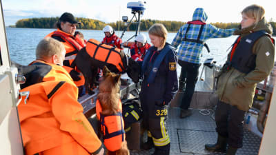 Flera personer och två hundar i en båt. Många har räddningskläder i orange på sig.