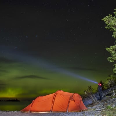 Rött tält intill strand i mörker och norrsken.