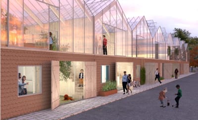 Skiss över radhus med glasad övre våning.