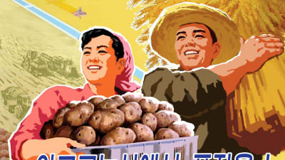 En tecknad bild på ett koreanskt par med ett fat potatis i famnen.