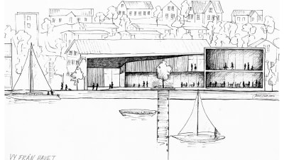 En ritning av ett hus och några båtar.