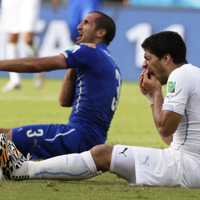 Luis Suarez och Giorgio Chiellini bråkar i VM 2014.