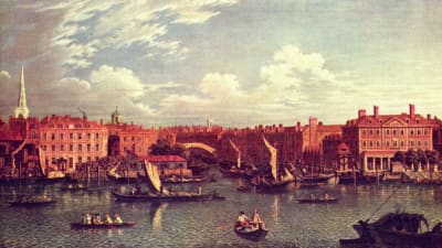 Floden Fleets mynning som den såg ut 1750 på målning av Samuel Scott.