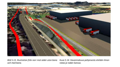 En illustrationsbild som beskriver hur Rudus område i Joddböle i Ingå kunde se ut i framtiden. Hallar och lastbilar som står parkerade framför hallarna. Vägar, skog.
