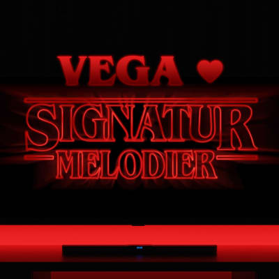 En TV i rött sken med texten Vega hjärta signaturmelodier