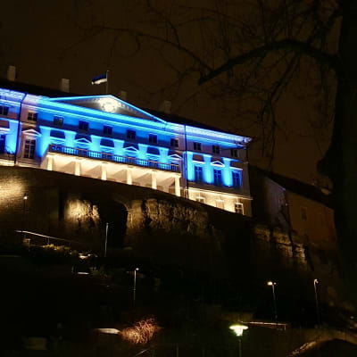Stenbockska huset, där Estlands regering sammanträder, upplyst i Ukrainas blågula färger på kvällen och natten.