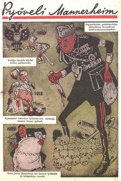Tecknad nidbild av Mannerheim som slaktare. 