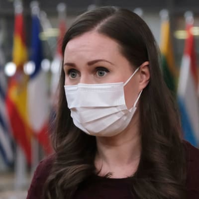 Statsminister Sanna Marin vid Europeiska rådets möte i december 2020. Dagens möte skedde via videoförbindelse.