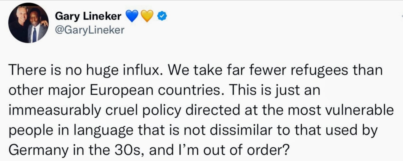 Screenshot of Lineker's deleted tweet.