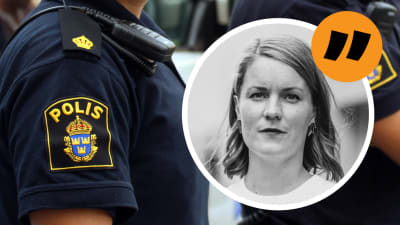 Svenska polisens emblem på en t-shirtärm. Ovanpå en bild på redaktör Marianne Sundholm och ett citattecken.