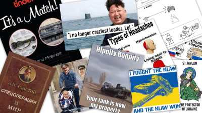 Flera mem om Rysslands invadering av Ukraina i ett bildkollage.