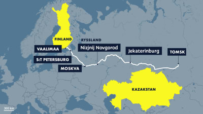 Kartan visar en rutt från Vaalimaa via S:t Petersburg och Moskva till Tomsk.